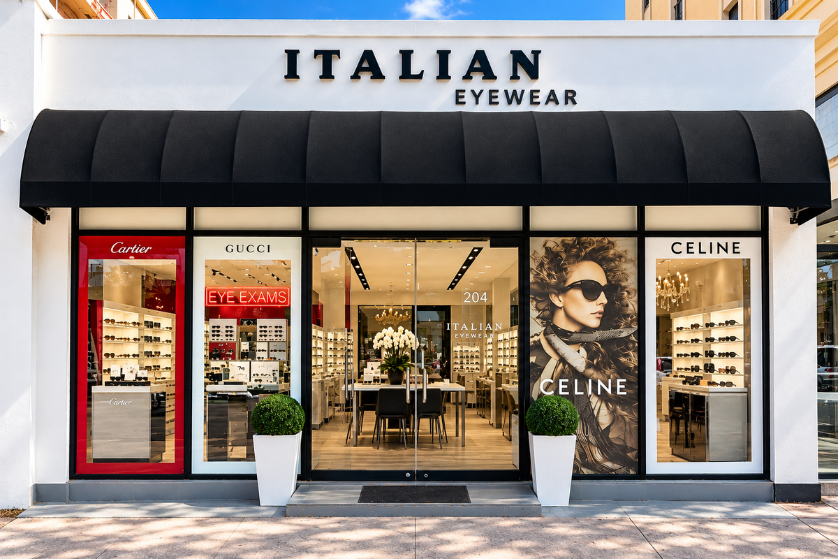 Italian Eyewear luxury optical boutique at 204 Aragon Avenue in Coral Gables, Florida, featuring Cartier, Gucci and Celine eyewear displays.