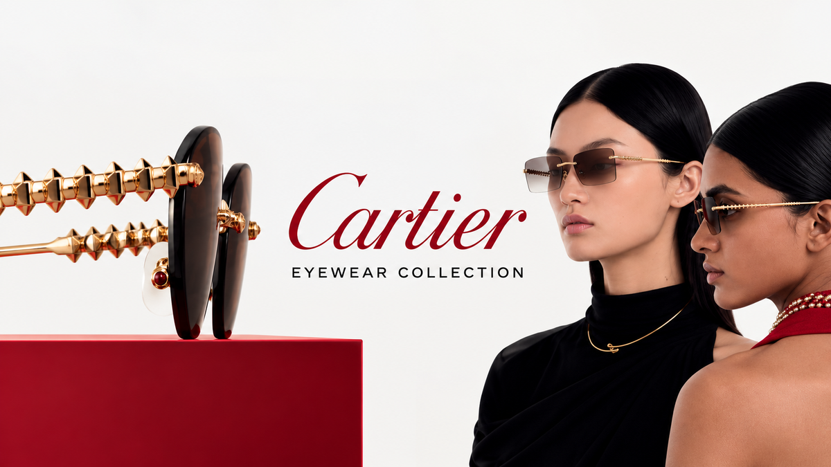 Cartier Eyewear Collection: luxury sunglasses with gold detailing, a close-up of the frame and two models wearing Cartier sunglasses.